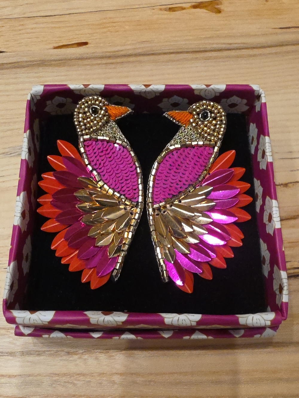 Vibrant Pink & Orange Bird Sequin Statement Earrings